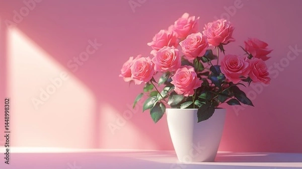 Obraz Beautiful pink roses in a modern white vase against a soft pink backdrop with natural light in a warm setting