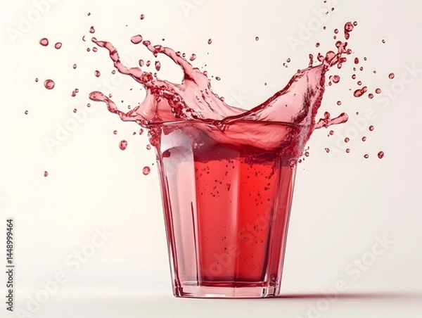 Fototapeta A vibrant red liquid splashes dramatically from a clear glass, creating an energetic and refreshing visual.