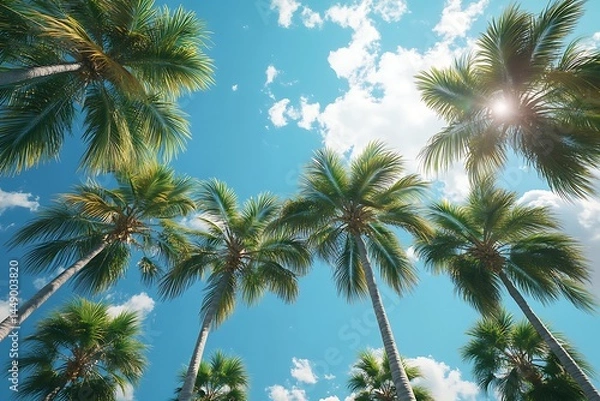 Fototapeta Tropical paradise Lush palm trees sway gently under a vibrant blue sky sun shining through leaves creating a tranquil