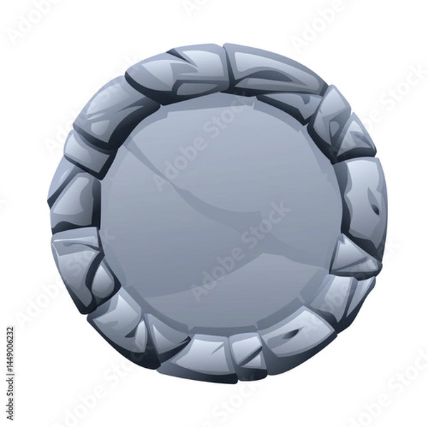 Fototapeta Round stone frame made of jagged stone pieces, with a fractured surface in the middle. Stone banner element for game and web. Ui or gui design element. Vector cartoon illustration