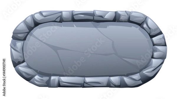 Fototapeta Rounded rectangle stone frame surrounded by jagged stone pieces, with a fractured surface in the middle. Stone banner element for game and web. Ui or gui design element. Vector cartoon illustration