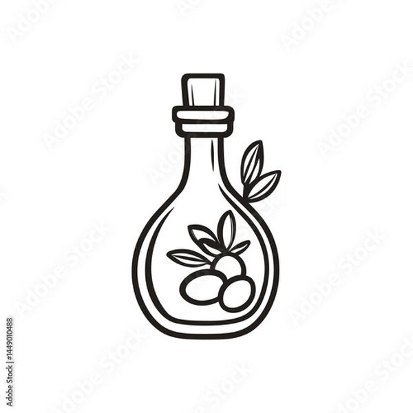 Obraz Olive Oil Bottle Outline Isolated on White Background with Olive Branch Design