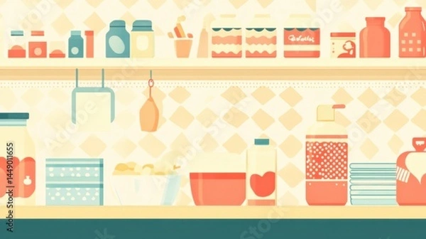 Obraz Colorful Kitchen Pantry with Various Jars and Containers on a Shelf