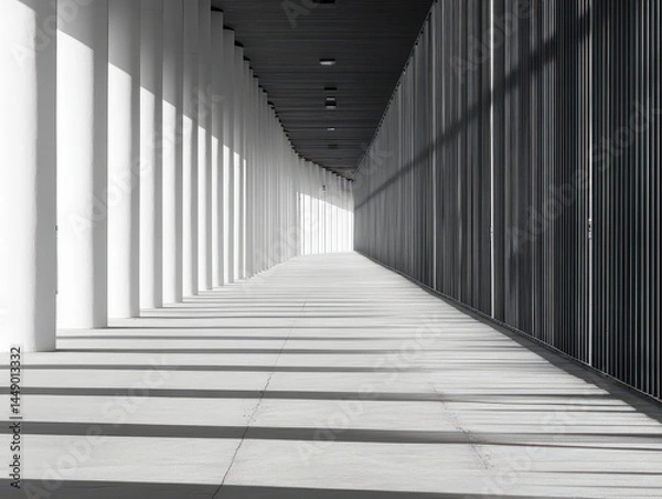 Fototapeta Long, white-walled corridor with dark window framing. Sunlight creates strong shadows on the floor