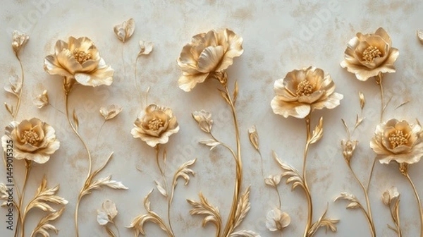Obraz Golden Carnations with Stucco Stems and Leaves An elegant 3D floral background. Elegant 3D Floral Background Featuring Golden Carnations with Stucco Stems and Leaves.