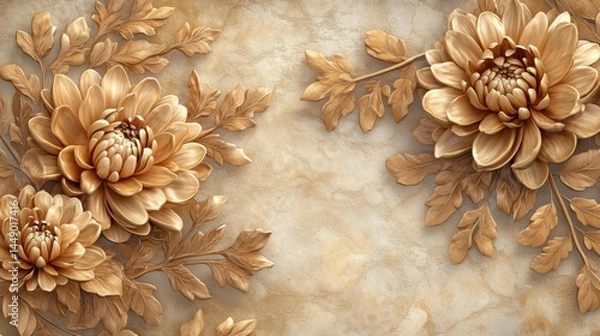 Obraz Golden Chrysanthemum with Stucco Stems and Leaves An elegant 3D floral background. Elegant 3D Floral Background Featuring Golden Chrysanthemum with Stucco Stems and Leaves.

