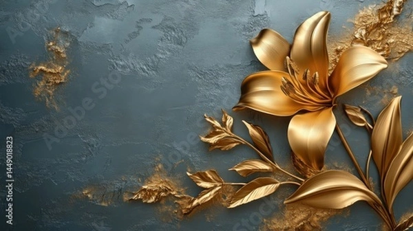 Obraz Golden Lily with Stucco Stems and Leaves An elegant 3D floral background. Elegant 3D Floral Background Featuring Golden Lily with Stucco Stems and Leaves.