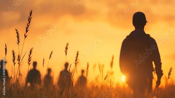 Fototapeta Silhouette of a person walking into sunset, group of people in background, Sunset silhouette, person walking away, group of people