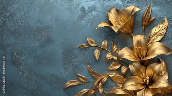 Obraz Golden Lily with Stucco Stems and Leaves An elegant 3D floral background. Elegant 3D Floral Background Featuring Golden Lily with Stucco Stems and Leaves.