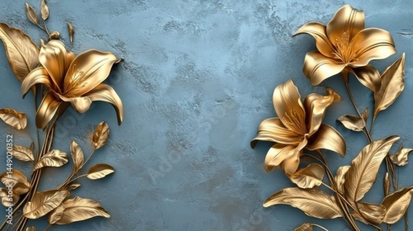 Obraz Golden Lily with Stucco Stems and Leaves An elegant 3D floral background. Elegant 3D Floral Background Featuring Golden Lily with Stucco Stems and Leaves.