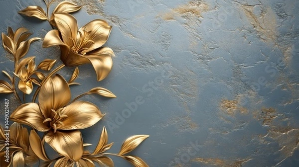 Obraz Golden Lily with Stucco Stems and Leaves An elegant 3D floral background. Elegant 3D Floral Background Featuring Golden Lily with Stucco Stems and Leaves.