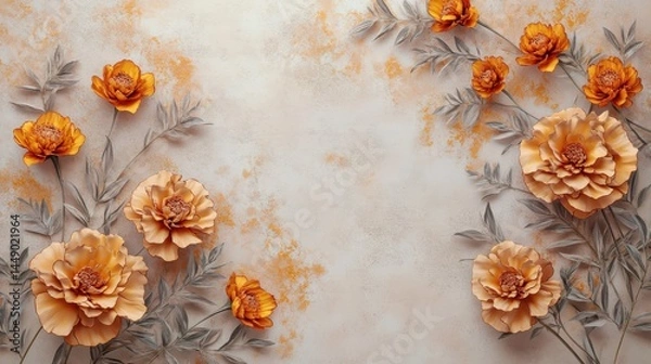 Obraz Golden Marigold with Stucco Stems and Leaves An elegant 3D floral background. Elegant 3D Floral Background Featuring Golden Marigold with Stucco Stems and Leaves.