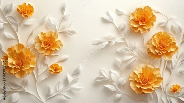 Obraz Golden Marigold with Stucco Stems and Leaves An elegant 3D floral background. Elegant 3D Floral Background Featuring Golden Marigold with Stucco Stems and Leaves.