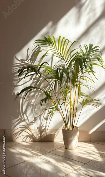 Fototapeta Palm's serene shadow dance a play of light illuminating textured wall and tiled flooring elegance indoors