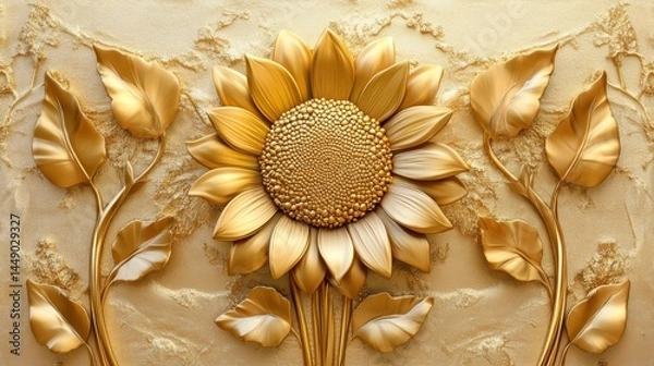 Obraz Golden sunflower with Stucco Stems and Leaves An elegant 3D floral background. Elegant 3D Floral Background Featuring Golden sunflower with Stucco Stems and Leaves.