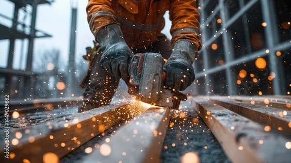 Fototapeta Worker cutting metal with construction site.