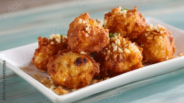 Fototapeta Golden delights crispy fried fritters served on pristine white plate tempting taste buds with their textures