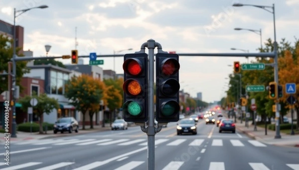 Fototapeta Traffic light control system urban intersection traffic management city streets aerial view smart infrastructure