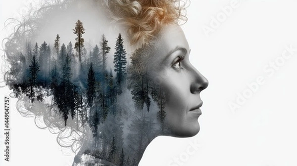 Fototapeta A creative portrait blending a woman's profile with a forest, symbolizing nature and introspection.