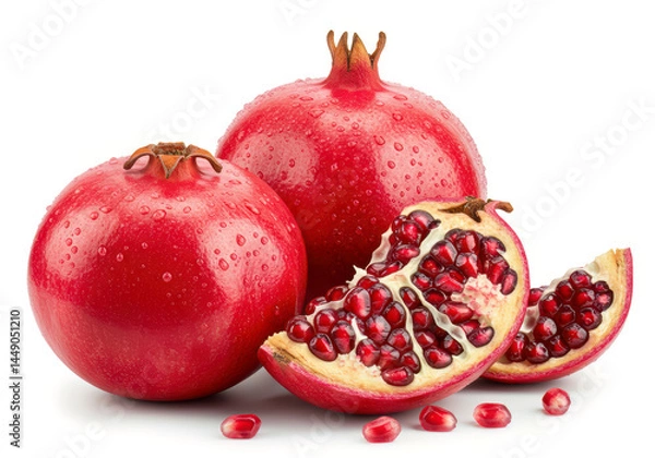 Obraz Fresh Juicy Pomegranates with Water Droplets Isolated on White Background