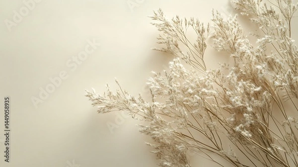Fototapeta White paper flat lay with dried grass on beige background offering plenty of room for text generative ai