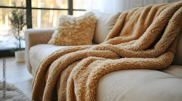 Fototapeta A warm, inviting living room features a soft, plush blanket draped across a comfy couch.