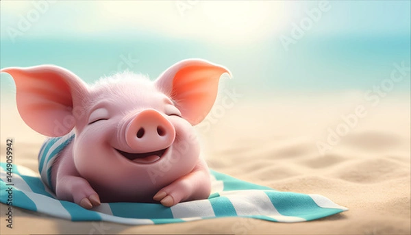 Fototapeta Cute pig relaxing and enjoying a sunny day on the beach  