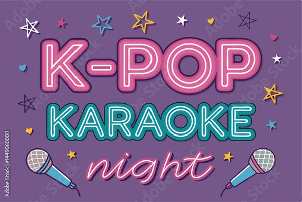 Fototapeta Design a vibrant neon vector poster for a K-Pop themed karaoke night.  Include stylized microphones, Korean script, and bright, energetic colors.