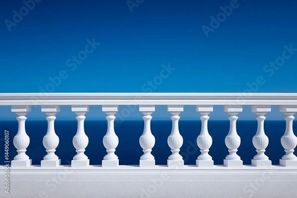 Fototapeta White balustrade against the azure sea and clear sky creates a calming vista