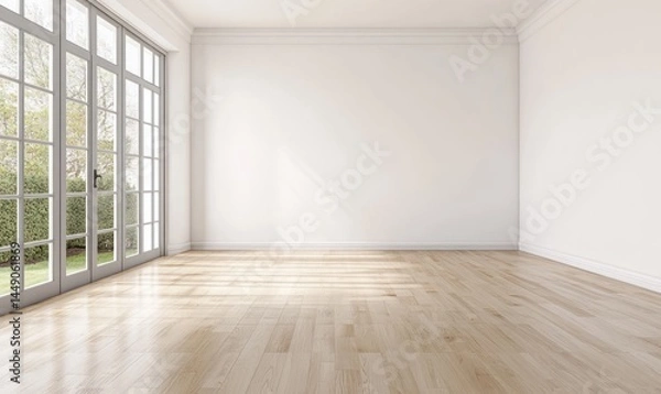 Fototapeta Empty room with large windows, light and bright.  Floors are light-toned wood.  The walls are white, creating a spacious feeling