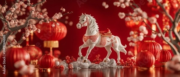 Fototapeta Create a vibrant scene for Chinese New Year featuring the Shio Horse, depicted in a lively, dynamic pose amidst traditional decorations like red lanterns and plum blossoms