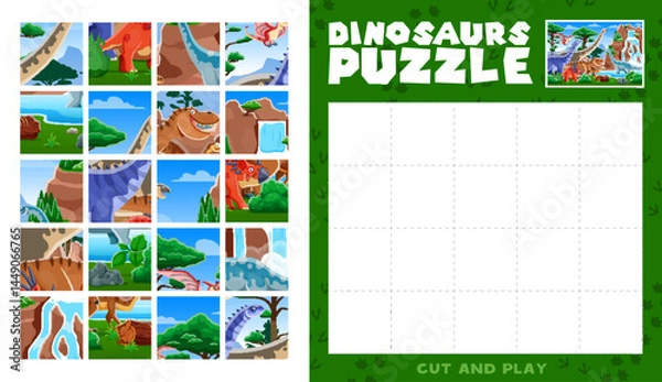 Fototapeta Prehistoric dinosaur animals jigsaw puzzle logic game. Dinosaurs jigsaw puzzle vector worksheet with tyrannosaur, styracosaurus, hypselosaurus and plateosaurus, paralititan, pteranodon cute characters