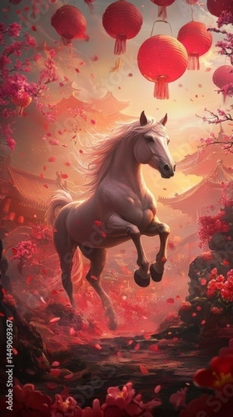 Fototapeta Create a vibrant scene for Chinese New Year featuring the Shio Horse, depicted in a lively, dynamic pose amidst traditional decorations like red lanterns and plum blossoms