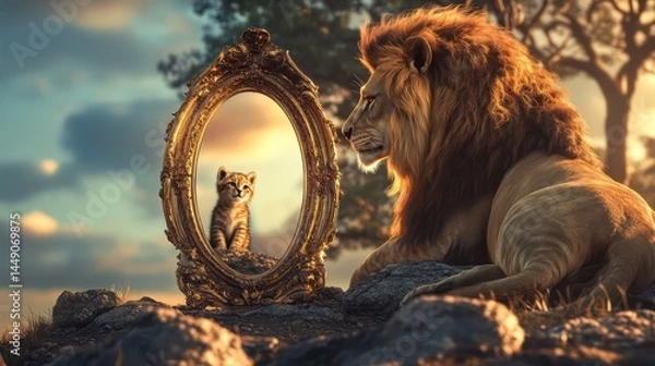 Fototapeta Lion contemplating reflection