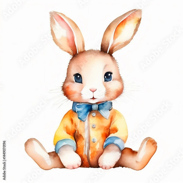 Fototapeta Watercolor illustration of cute baby rabbit with soft strokes and pastel colors isolated on white background.