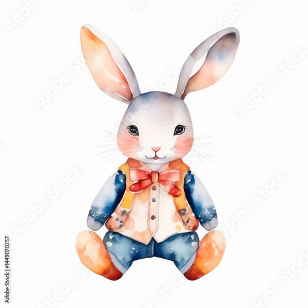 Fototapeta Watercolor illustration of cute baby rabbit with soft strokes and pastel colors isolated on white background.