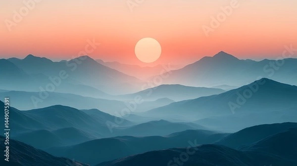 Obraz Sunrise over misty layered mountain range
