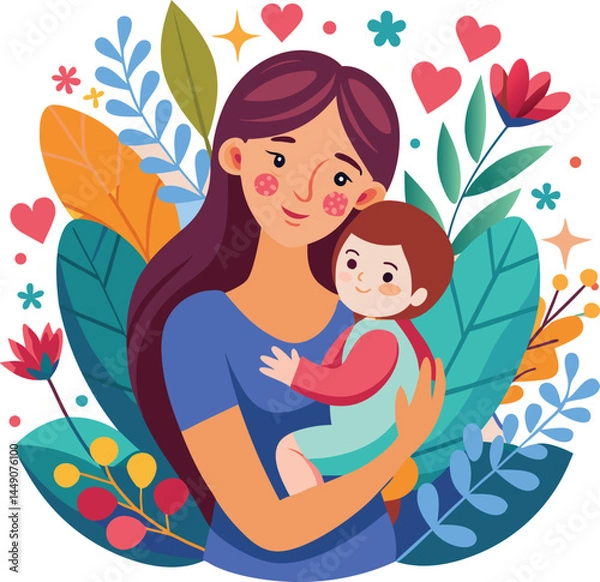 Fototapeta Stylized Mothers Day Vector Art Showing Loving Mother Embracing Baby with Pastel Colors.