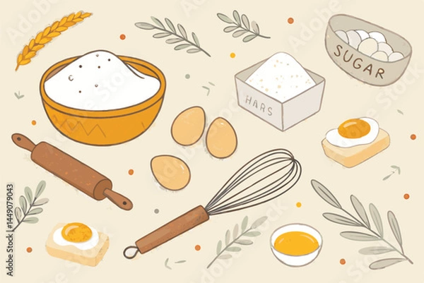 Fototapeta Create a seamless vector pattern featuring various baking ingredients, prominently showcasing flour, sugar, eggs, and vanilla, in a vibrant and appetizing style.