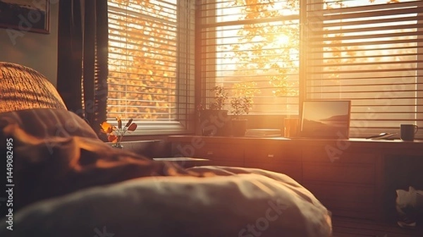 Fototapeta Warm sunlight streaming through window blinds into cozy interior