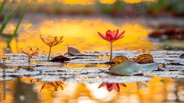 Fototapeta Water lilies on pond surface reflecting sunlight