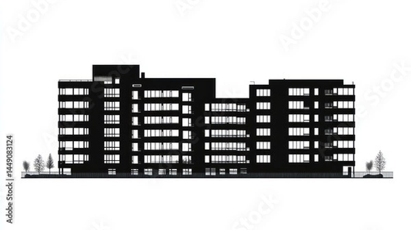 Fototapeta Urban apartment building silhouette, architectural drawing, city view, illustration, for digital use