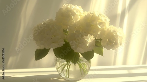 Fototapeta White hydrangea bouquet on windowsill