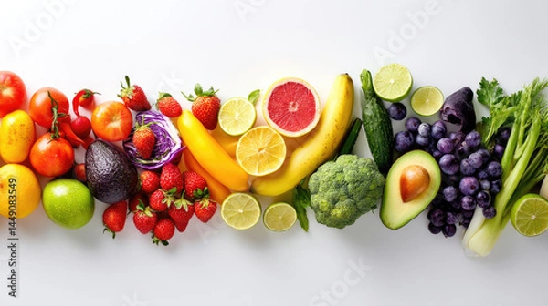 Fototapeta Vibrant array of colorful fruits and vegetables.  Fresh produce in spectrum hues, displayed for healthy eating