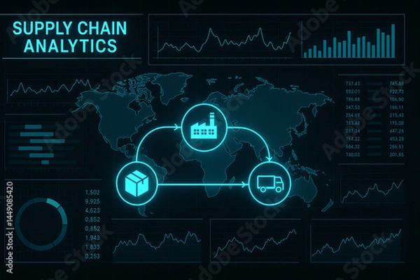 Fototapeta Dynamic visualization of supply chain analytics featuring interconnected elements such as factories, packages, and transport, showcasing data-driven insights for effective operatio