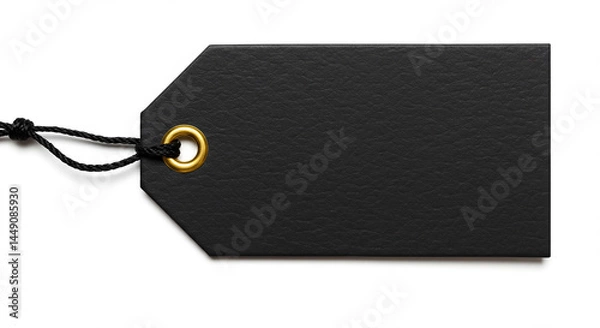 Fototapeta A close up shot of a black tag with a gold grommet and a black string on a white background