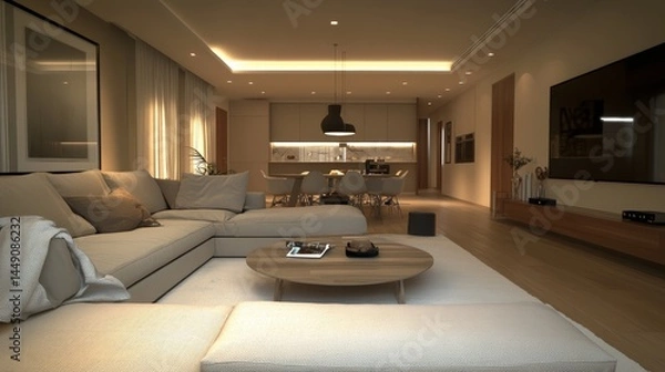 Fototapeta Stylish modern Scandinavian interior design of a living room, blending minimalist furniture, neutral tones, natural textures, and cozy elements, creating a harmonious and functional space 
