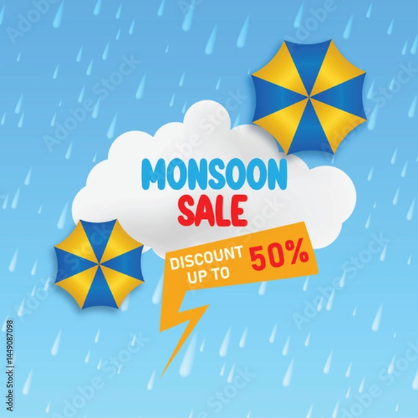 Fototapeta Monsoon Sale Banner Design Background Template with 3d clouds