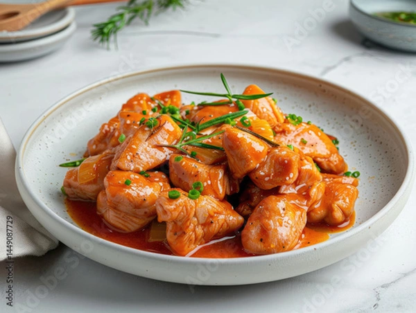 Fototapeta Spicy chicken pieces in a light sauce, garnished with herbs