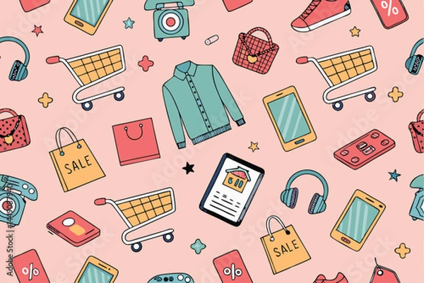 Fototapeta Create a vibrant, vector seamless pattern featuring diverse online product icons, including shopping carts, delivery trucks, credit cards, and mobile phones.  The style should be clean and modern.